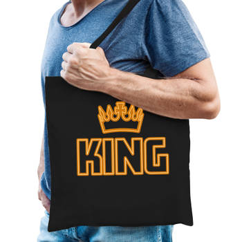 Koningsdag shopper - king - zwart - 42 x 38 cm - katoen - Feest Boodschappentassen