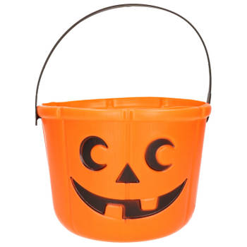 Halloween - pompoen snoepemmertje trick or treat - kunststof - oranje - 12 cm - Feestdeurdecoraties
