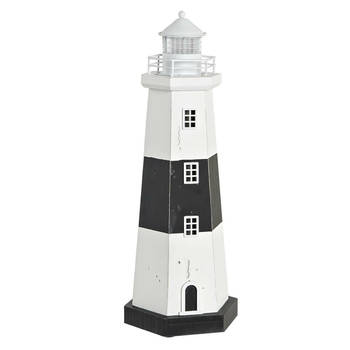 Items Decoratie Maritiem beeldje Vuurtoren met LED lampje - Hout - 16 x 42 cm - wit/zwart - Beeldjes