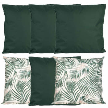 Bank/tuin kussens set - voor binnen/buiten - 6x stuks - groen/palm print - 45 x 45 cm - Sierkussens