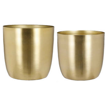 Plantenpot/bloempotten set - 2x stuks - metaal - goud - D22 en D24 cm - Plantenpotten