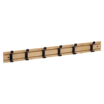 5Five Kapstok rek - wand/muur - lichtbruin/zwart - 6x schuifbare haken - Bamboe/ijzer - 60 x 8 cm - Kapstokken