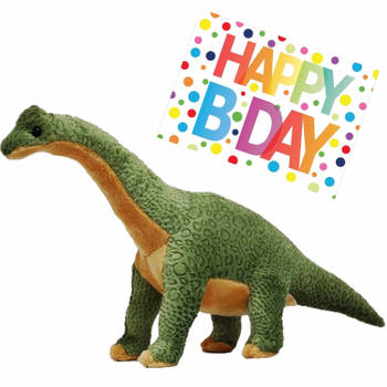 Pluche knuffel Dino Brachiosaurus van 43 cm met A5-size Happy Birthday wenskaart - Knuffeldier