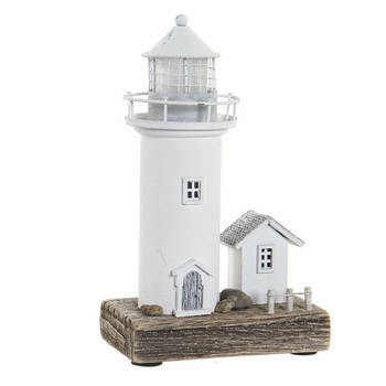 Items Decoratie Maritiem beeldje Vuurtoren met LED lampje - Hout - 13 x 30 cm - wit - Beeldjes