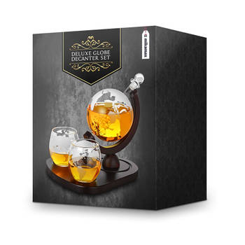 Globe Whiskey Decanter Deluxe - Luxe Uitvoering - Geleverd met een Groot Plateau - 0.9L - Incl. 2 Whiskey Glazen,