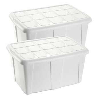Plasticforte Opslagbox met deksel - 2x - Wit - 60L - kunststof - 63 x 46 x 32 cm - Opbergbox