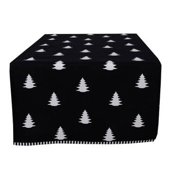 Clayre & Eef Tafelloper Kerst 50x140 cm Zwart Wit Katoen Rechthoek Kerstbomen Tafelkleed Zwart Tafelkleed