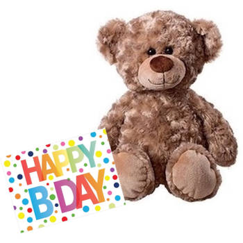 Pluche knuffel knuffelbeer 43 cm met A5-size Happy Birthday wenskaart - Knuffelberen