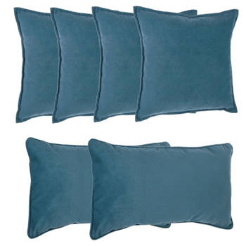 Atmosphera Bank/sierkussens Sophia - set 6x - Blauw - polyester - met rits - In 2 formaten - Sierkussens