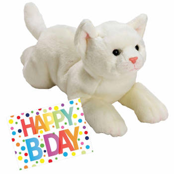 Pluche knuffel witte kat/poes 33 met A5-size Happy Birthday wenskaart - Knuffel huisdieren