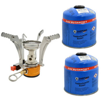 Opvouwbaar mini-campingkooktoestel/kookpit - zilver - incl. 2x gas navulling 500 gram - Kookbranders