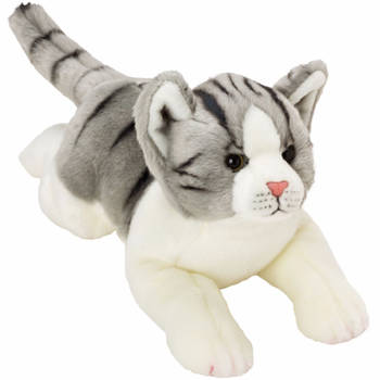 Liggende katten/poezen knuffel grijs/wit 33 cm - Knuffel huisdieren