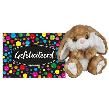 Pluche knuffel cadeau Konijn 18 cm met A5-size Gefeliciteerd wenskaart - Knuffel bosdieren