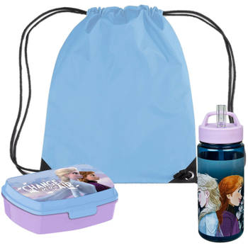 Disney Frozen lunchbox set voor kinderen - 3-delig - blauw/lila - incl. gymtas/schooltas - Lunchboxen