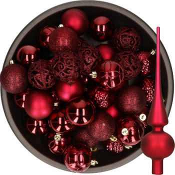 37x stuks kunststof kerstballen 6 cm incl. glazen piek mat donkerrood - Kerstbal