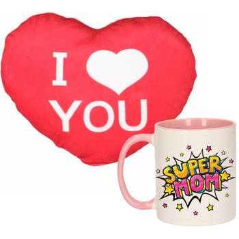 Super mom mok/beker 300 ml roze incl. sierkussentje hart vorm 12 cm - feest mokken