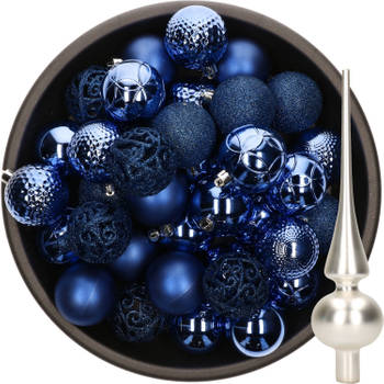 37x stuks kunststof kerstballen 6 cm kobalt blauw incl. glazen piek mat zilver - Kerstbal
