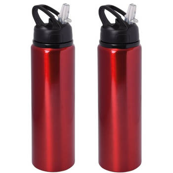 Waterfles/sportfles/drinkfles Sporty - 2x - rood - aluminium/kunststof - 800 ml - Drinkflessen