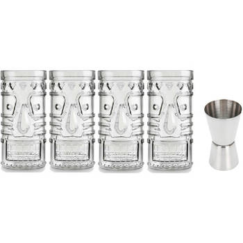 4x Cocktailglazen / Mai Tai glazen transparant 490 ml met RVS maatbeker / barmaatje - Cocktailglazen