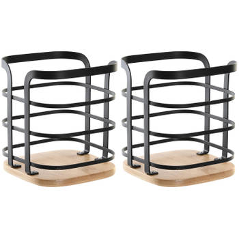 Items keukengerei houder - 2x - zwart - 12 x 14,5 cm - ijzer - bamboe hout - Keukenhulphouders