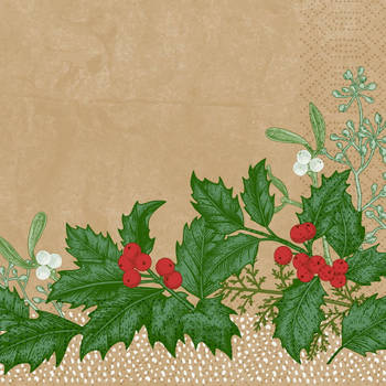 20x stuks kerst thema tafel servetten met hulsttakjes 33 x 33 cm - Feestservetten