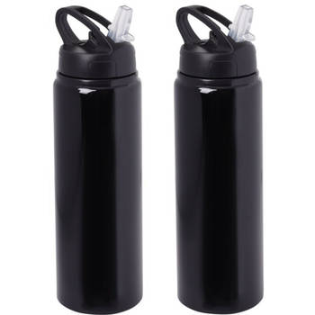 Waterfles/sportfles/drinkfles Sporty - 2x - zwart - aluminium/kunststof - 800 ml - Drinkflessen