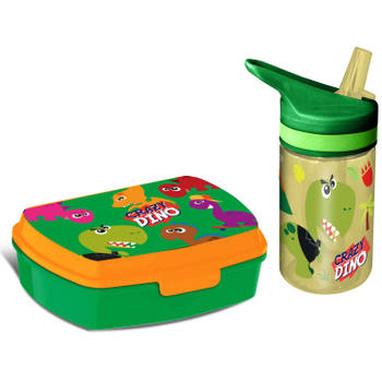 Crazy Dino lunchbox set voor kinderen - 2-delig - groen - kunststof - Lunchboxen