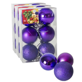 18x stuks kerstballen paars mix van mat/glans/glitter kunststof 4 cm - Kerstbal