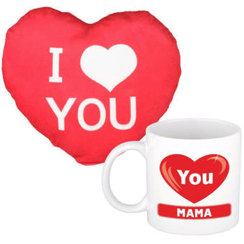 I love you Mama mok/beker 300 ml incl. sierkussentje hart vorm 15 cm - feest mokken