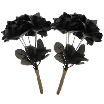 Halloween 2x rozenboeketjes met zwarte rozen 35 cm - Verkleedattributen