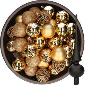 37x stuks kunststof kerstballen 6 cm goud incl. glazen piek mat zwart - Kerstbal