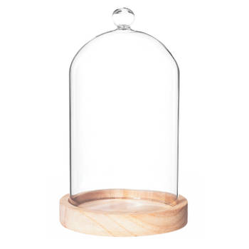 Atmosphera Home decoratie glazen stolp op houten plateau - glas/lichtbruin - D12 x H19 cm - Decoratieve stolpen