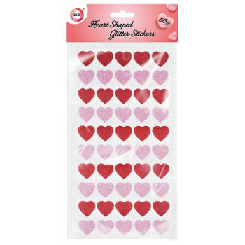 Hartjes glitter stickers voor kinderen - 50 stuks - rood/roze - Feeststickers