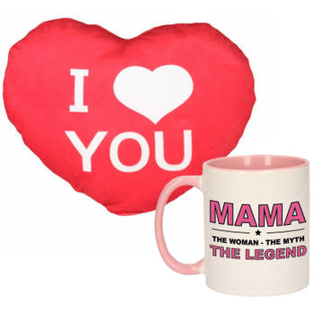 Mama the legend mok/beker 300 ml roze incl. sierkussentje hart vorm 12 cm - feest mokken