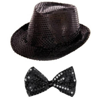 Carnaval verkleed set glitter hoed en strikje zwart - Verkleedhoofddeksels