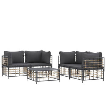 vidaXL 5-delige Loungeset met kussens poly rattan antracietkleurig