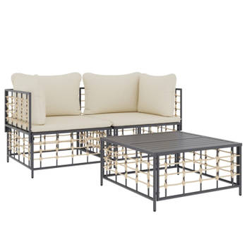 vidaXL 3-delige Loungeset met kussens poly rattan antracietkleurig