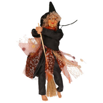 Halloween decoratie heksen pop op bezem - 30 cm - zwart/bruin - Halloween poppen