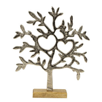 Decoratie levensboom - Tree of Life - aluminium/hout -A 23 x 26 cm - zilver kleurig - Beeldjes