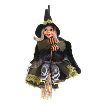 Halloween decoratie heksen pop op bezem - 20 cm - zwart/groen - Halloween poppen