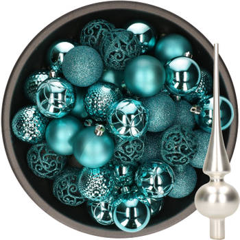 37x stuks kunststof kerstballen 6 cm turquoise incl. glazen piek mat zilver - Kerstbal