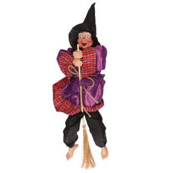 Halloween decoratie heksen pop op bezem - 44 cm - paars/rood - Halloween poppen