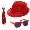 Carnaval verkleed set glitter hoed bril en stropdas rood - Verkleedhoofddeksels