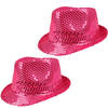 2x Stuks Trilby hoeden met pailletten - roze - glitter - Verkleedhoofddeksels