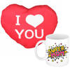 Super mom mok/beker 300 ml wit incl. sierkussentje hart vorm 12 cm - feest mokken