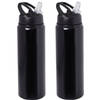 Waterfles/sportfles/drinkfles Sporty - 2x - zwart - aluminium/kunststof - 800 ml - Drinkflessen