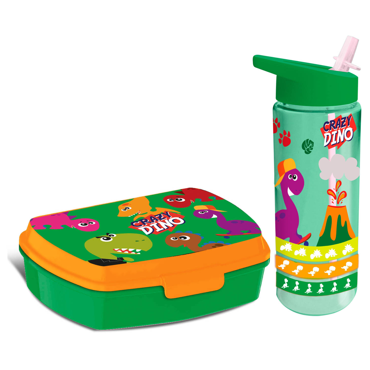Crazy Dino lunchbox set voor kinderen 2-delig groen kunststof Lunchboxen