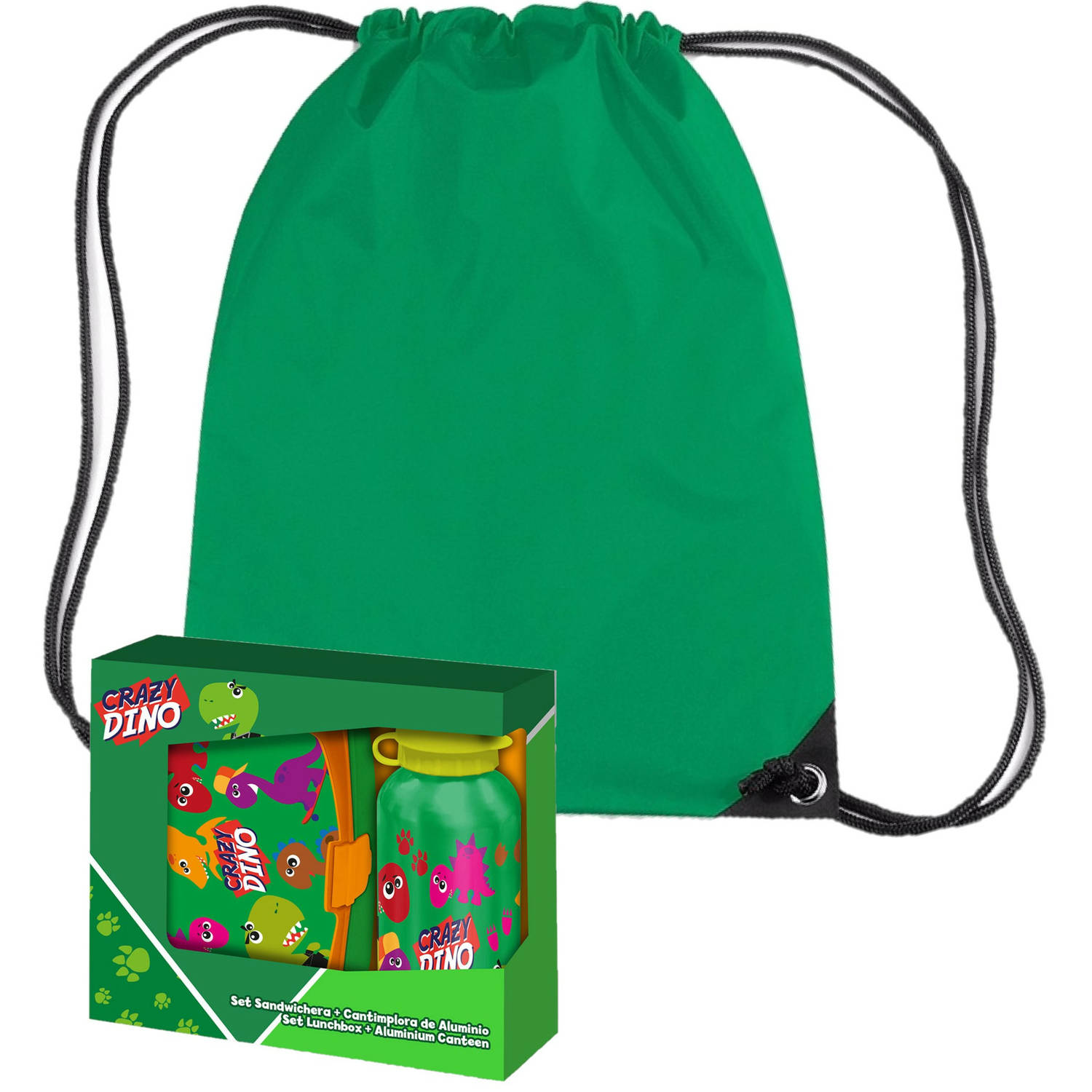 Crazy Dino lunchbox set voor kinderen 3-delig groen kunststof incl. gymtas-schooltas Lunchboxen