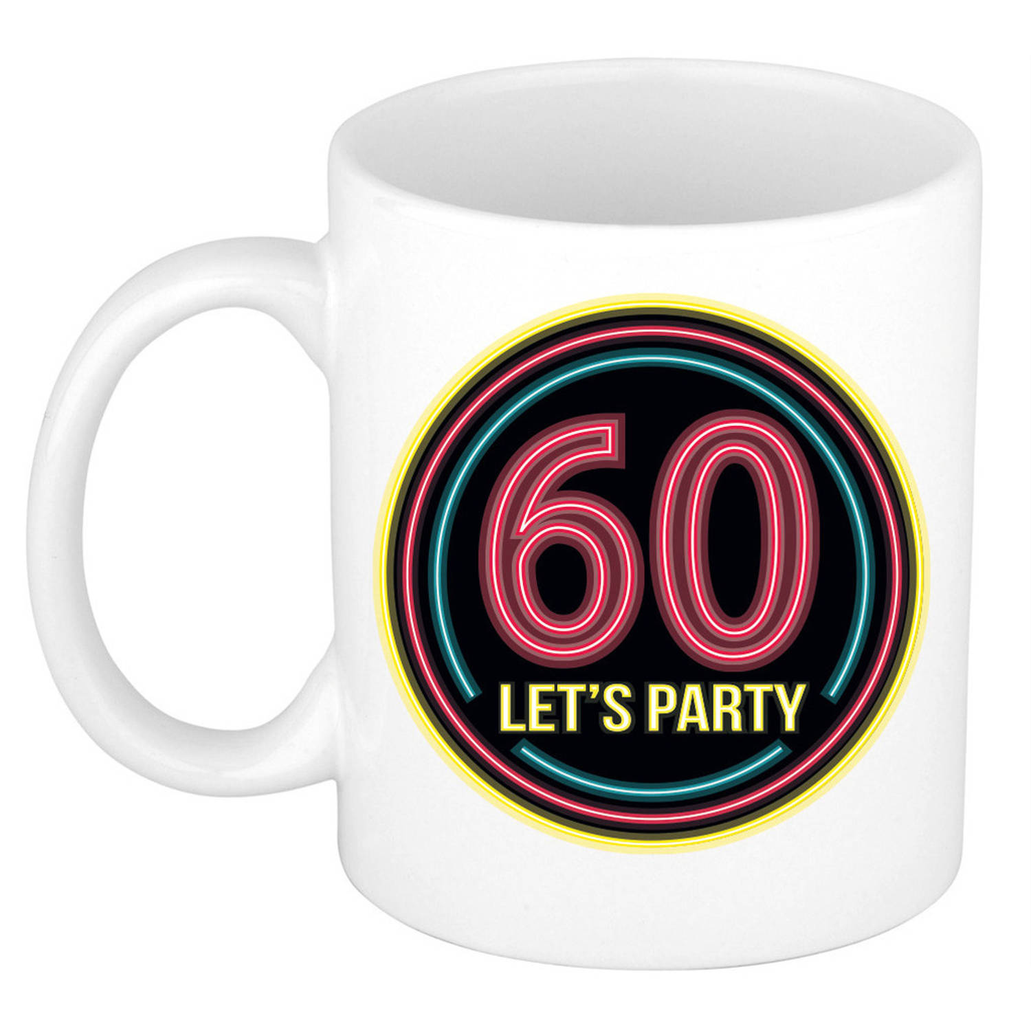 Verjaardag mok-beker Lets party 60 jaar neon 300 ml verjaardagscadeau feest mokken