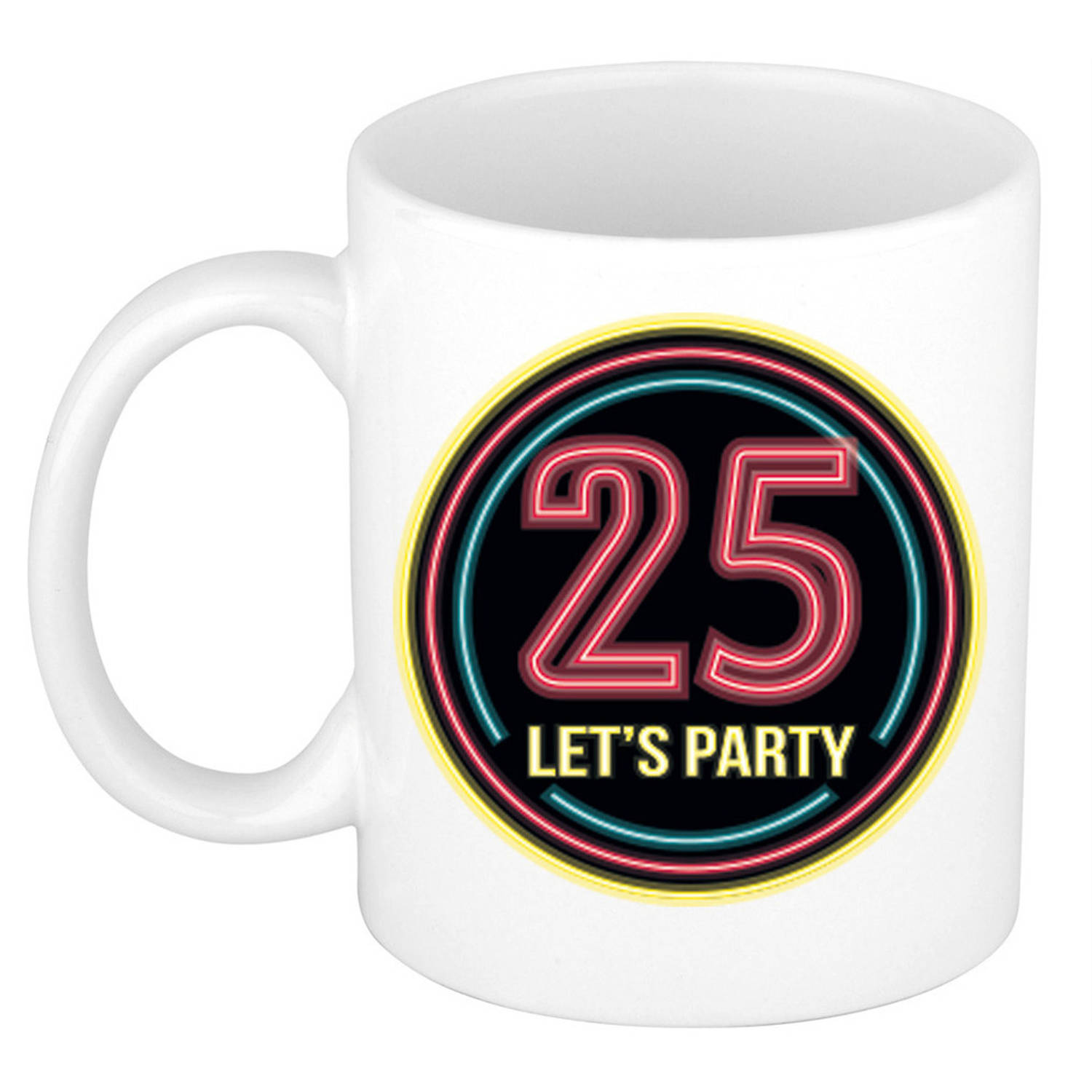 Verjaardag mok-beker Lets party 25 jaar neon 300 ml verjaardagscadeau feest mokken